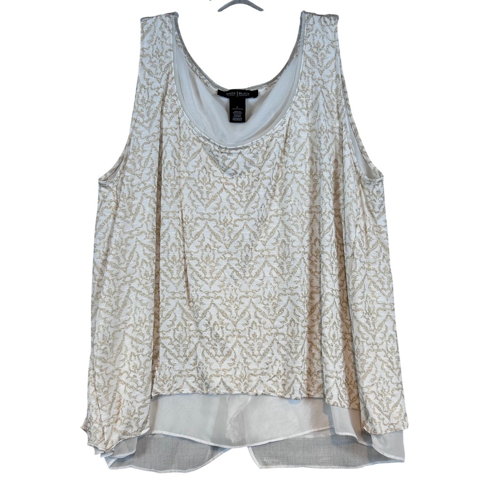 White House Black Market Gold Metallic Damask Layered Tank Top White Large Chic